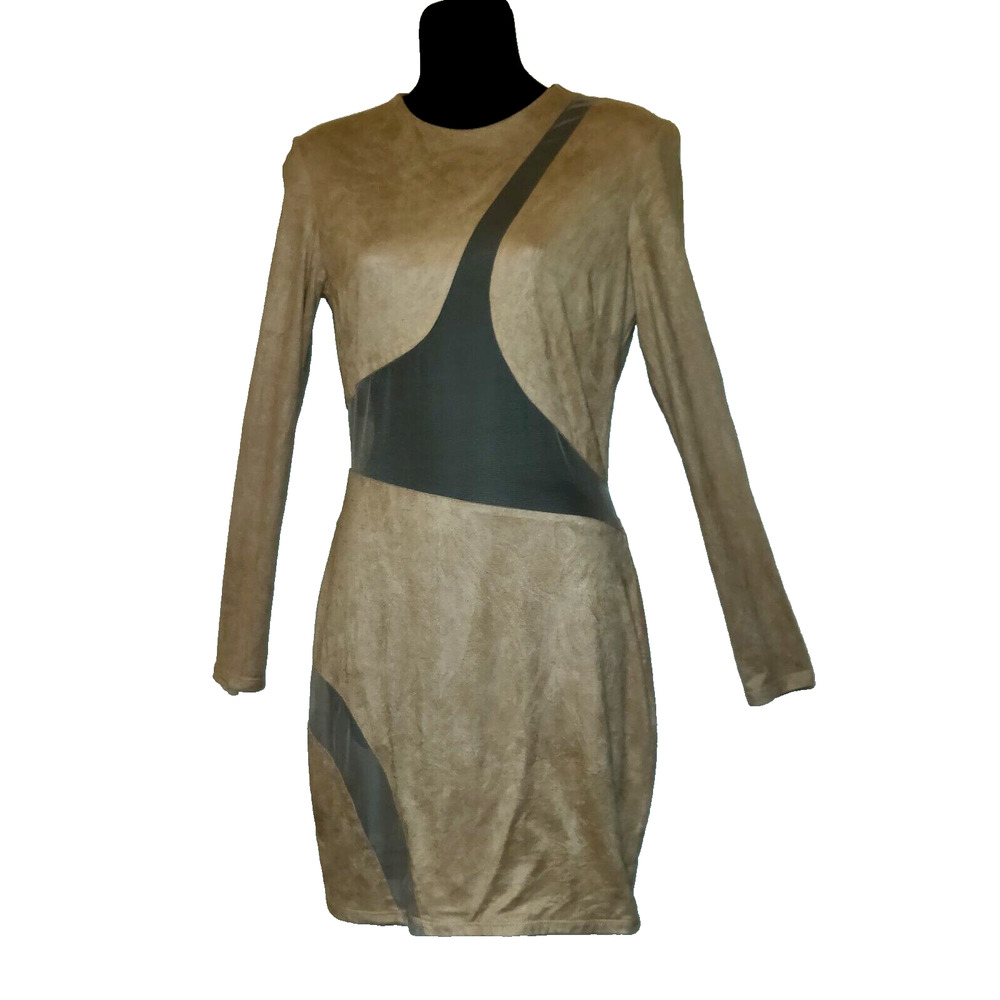 Va Va Voom Dress BODYCON Beige See-thru Mesh Panels Faux Suede  Vintage Y2K M